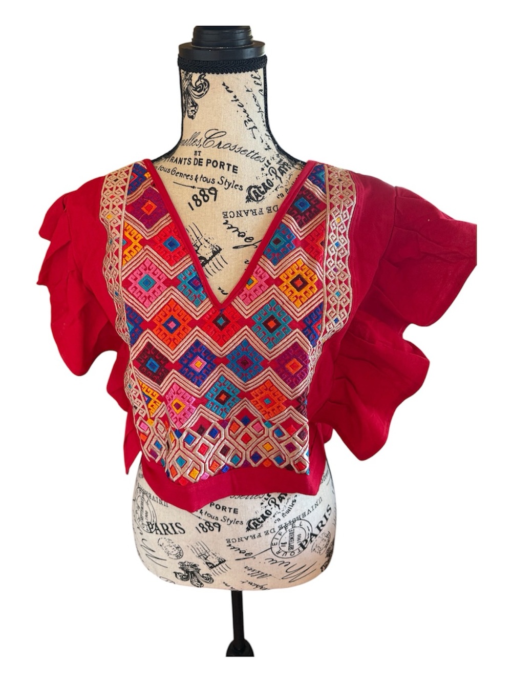 Red Women's Embroidered Blouse, multicolor embroidery, Women’s top, Mexican top